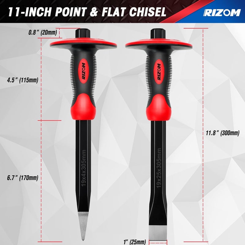 Rizom Chisel Set with Hand Protection, 3 Pcs Stone and Rock Chisel, Heavy Duty Masonry Tools including 11-Inch Point and Flat, 8-Inch Brick - Image 2